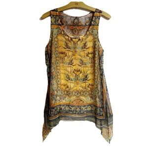 One World Women Small Boho Multicolored Asymmetrical Tank Top Blouse Psychedelic
